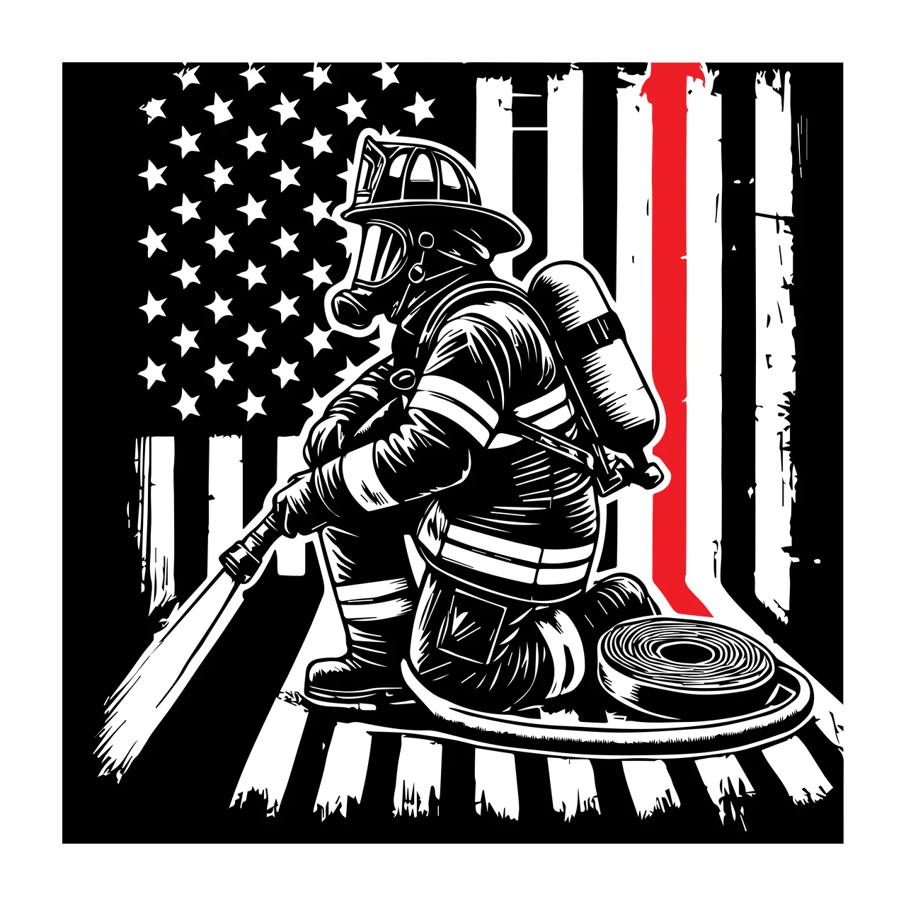 Flag Firefighter Kneeling Before Us helmet mask air tank hose
