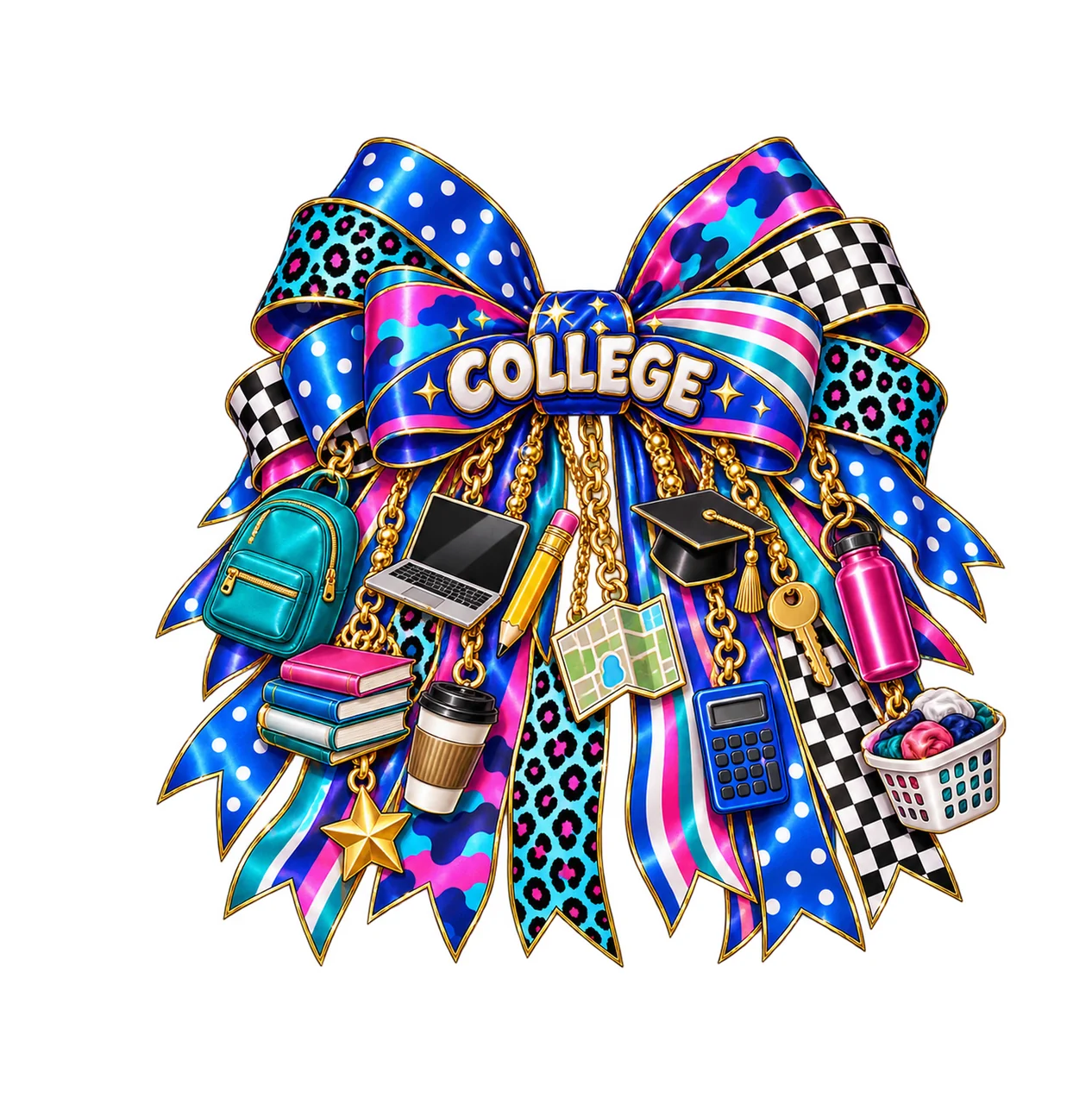 College Student Bow Charm PNG, Gold Chain Charms, Transparent Sublimation Design, Digital Download