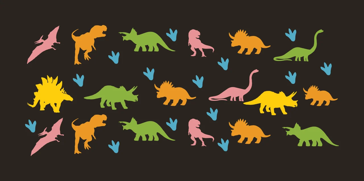Silhouette Design of dinosaur silhouettes pattern with dinosaur footprints, dinosaur tracks, tyrannosaurus and triceratops in pink, orange and green contrast preview thumbnail