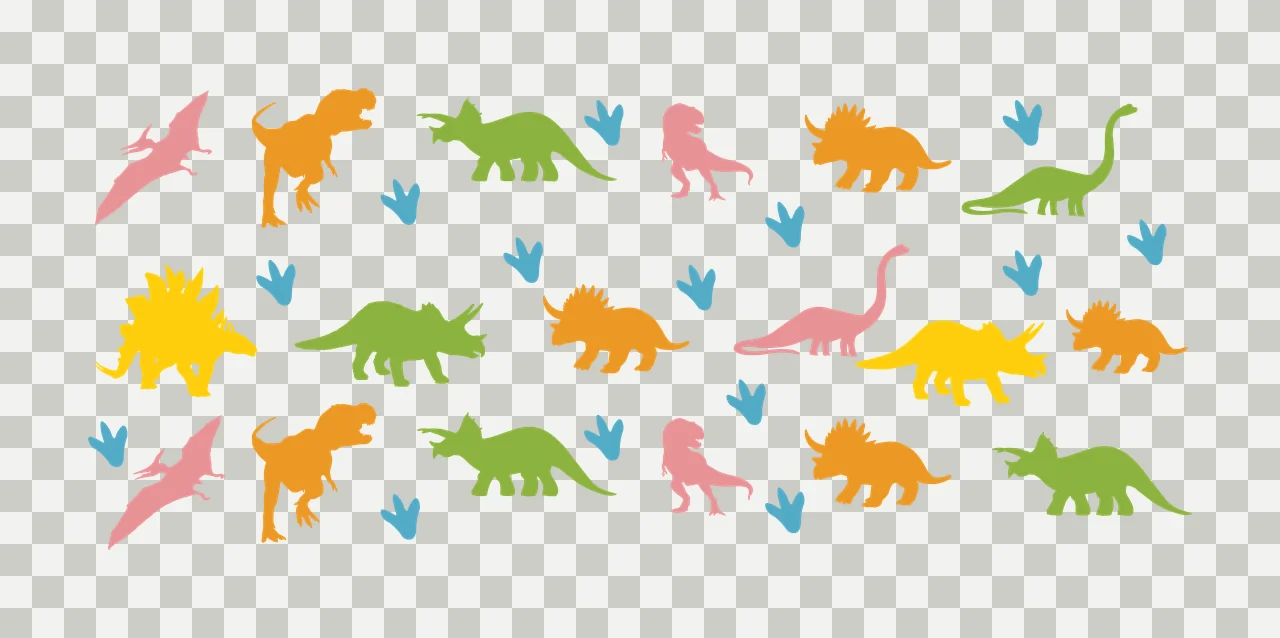 Silhouette Design of dinosaur silhouettes pattern with dinosaur footprints, dinosaur tracks, tyrannosaurus and triceratops in pink, orange and green transparency and detail preview thumbnail