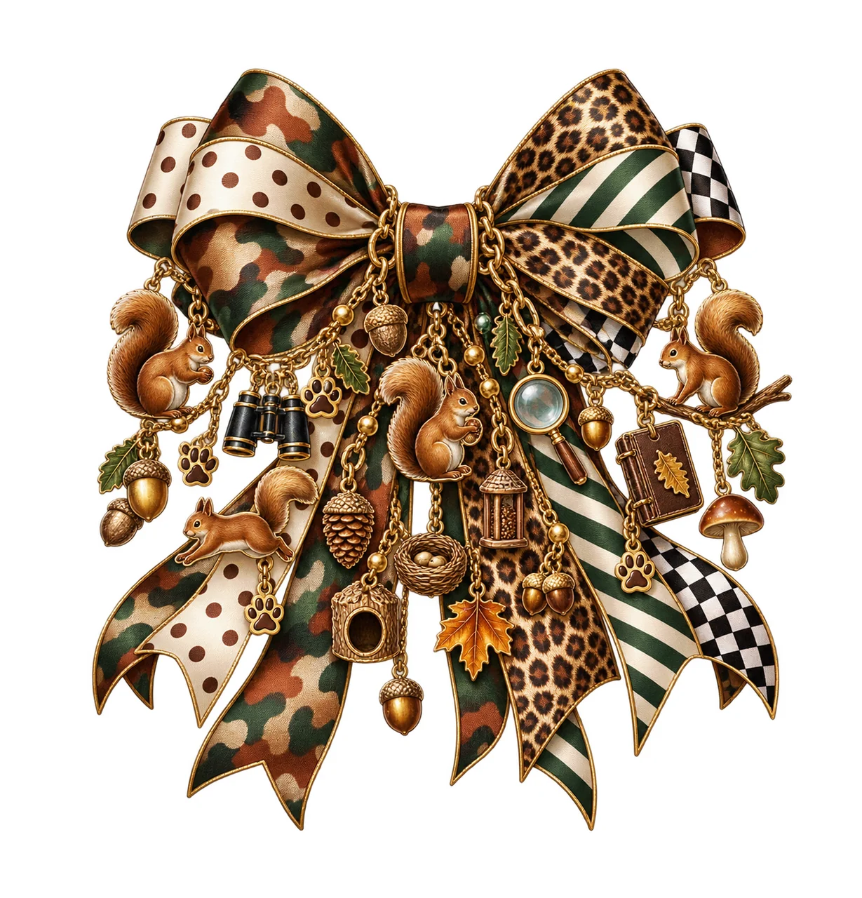 Squirrel Lover Bow Charm PNG, Themed Gold Chain Charms, Coquette Ribbon Sublimation Design, Transparent Digital Download