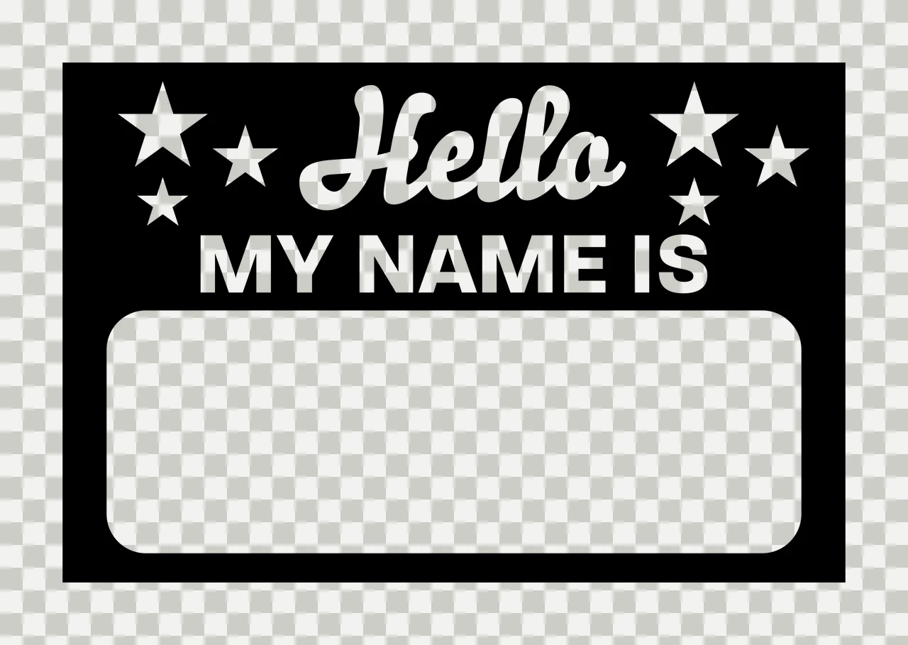Hello MY NAME IS name tag Design with rectangle, script text, bold sans-serif text and five-pointed stars in black and white transparency and detail preview thumbnail