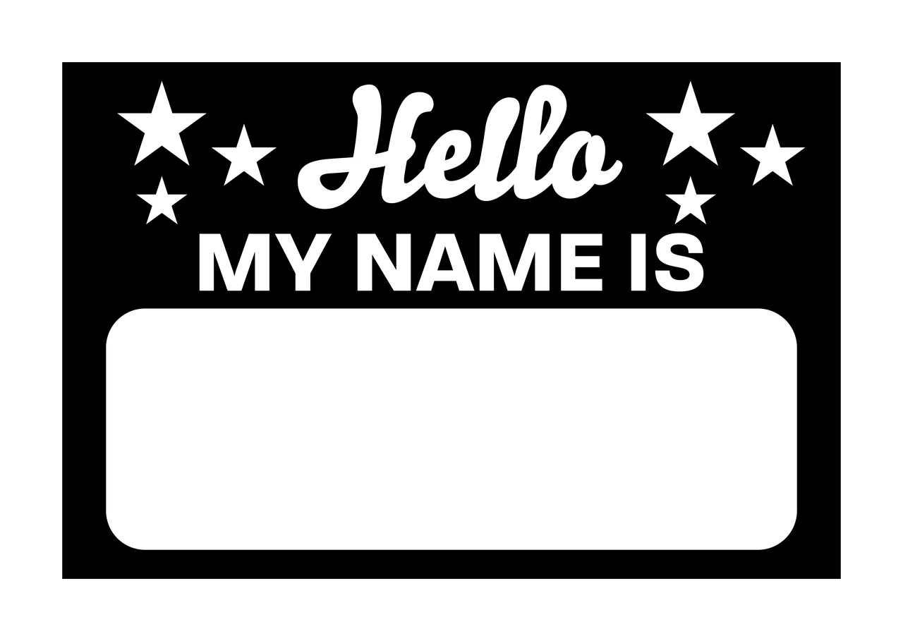 Hello MY NAME IS name tag Design with rectangle, script text, bold sans-serif text and five-pointed stars in black and white
