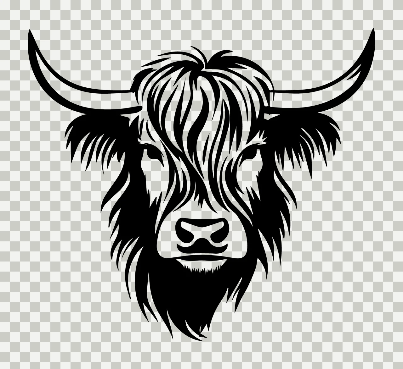 Highland Cattle Head Black Silhouette horns hair animal livestock transparency and detail preview thumbnail