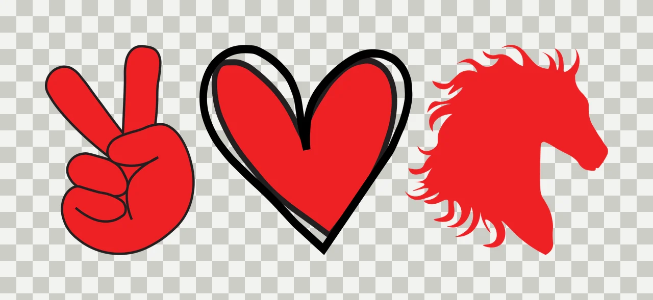 Peace sign, heart, and horse head silhouette Illustration with red peace sign and red heart with black outline in white transparency and detail preview thumbnail