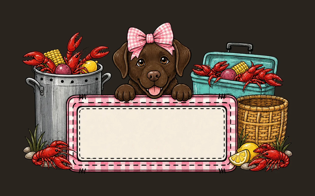 Crawfish boil with brown lab trio girl name Variation D contrast preview thumbnail