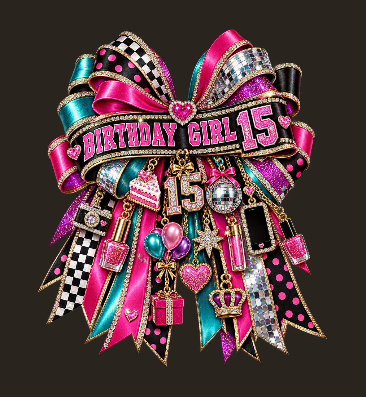 Birthday Girl 15 Bow Charm PNG, Patterned Coquette Bow Clipart, Transparent Sublimation Digital Download contrast preview thumbnail