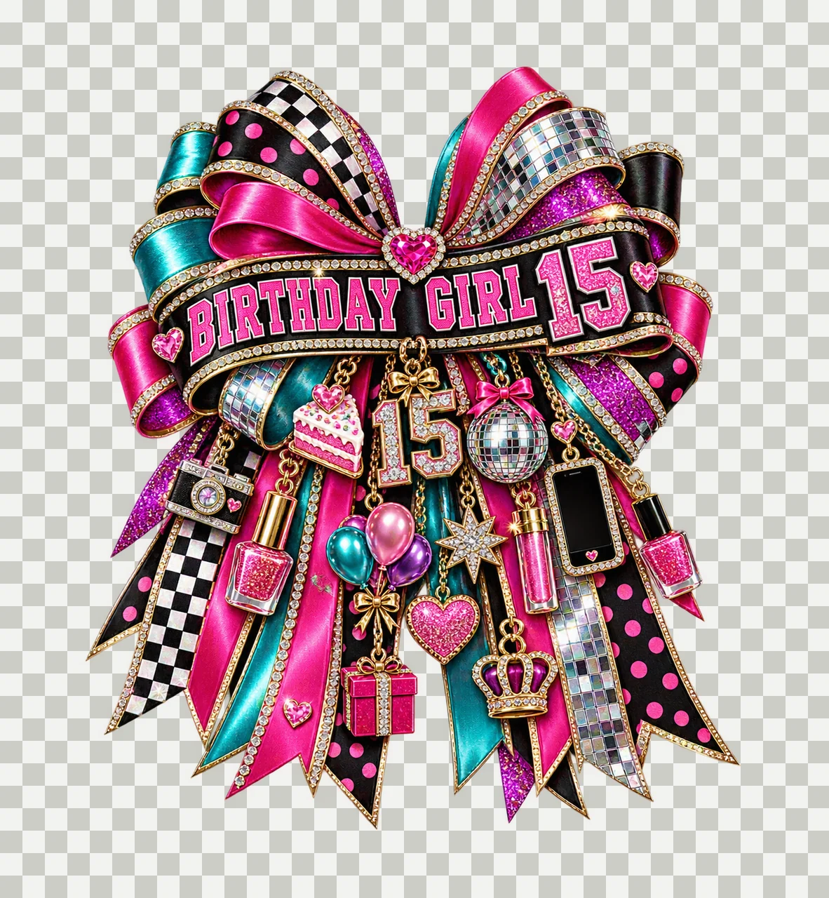 Birthday Girl 15 Bow Charm PNG, Patterned Coquette Bow Clipart, Transparent Sublimation Digital Download transparency and detail preview thumbnail