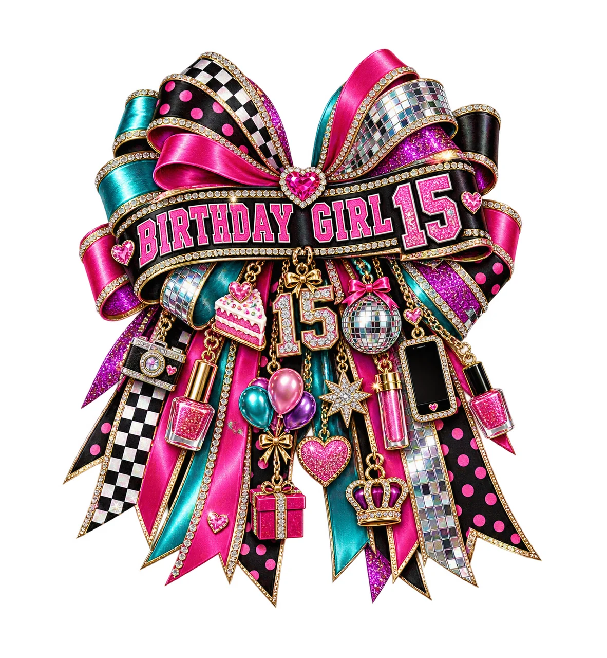 Birthday Girl 15 Bow Charm PNG, Patterned Coquette Bow Clipart, Transparent Sublimation Digital Download