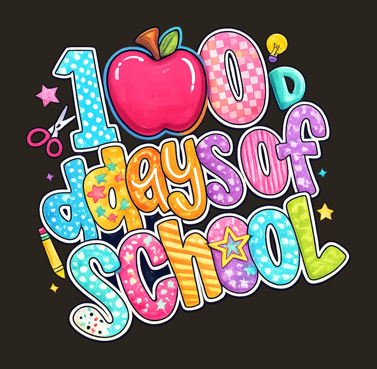 100 Days Of School Pink Apple Doodle Letters Retro School contrast preview thumbnail
