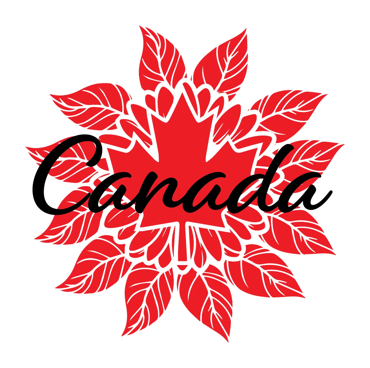 Canadian Maple Leaf And Wreath leaves silhouette black white