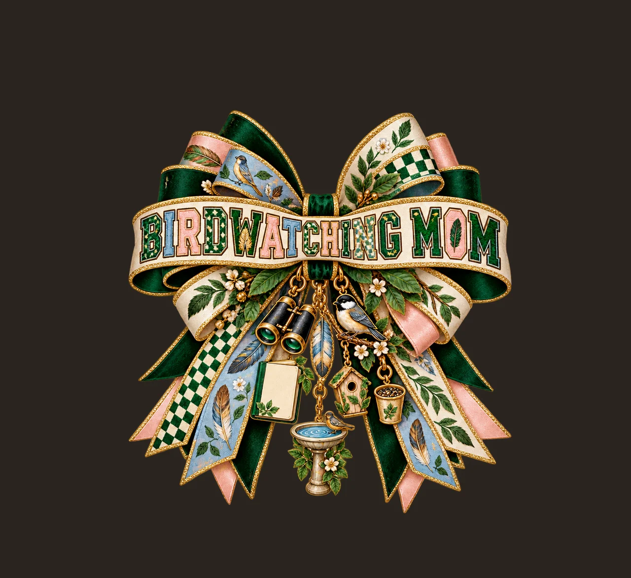 Birdwatching Mom Bow Charm PNG, Patterned Varsity Mom Ribbon Clipart, Transparent Sublimation Digital Download contrast preview thumbnail