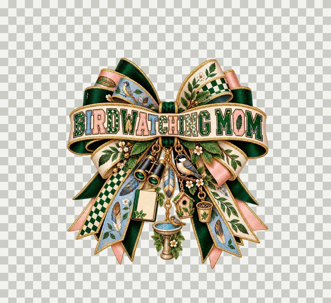 Birdwatching Mom Bow Charm PNG, Patterned Varsity Mom Ribbon Clipart, Transparent Sublimation Digital Download transparency and detail preview thumbnail