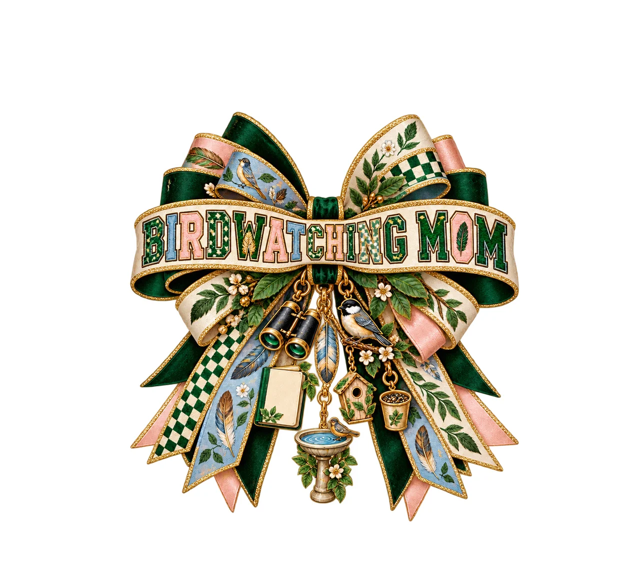 Birdwatching Mom Bow Charm PNG, Patterned Varsity Mom Ribbon Clipart, Transparent Sublimation Digital Download