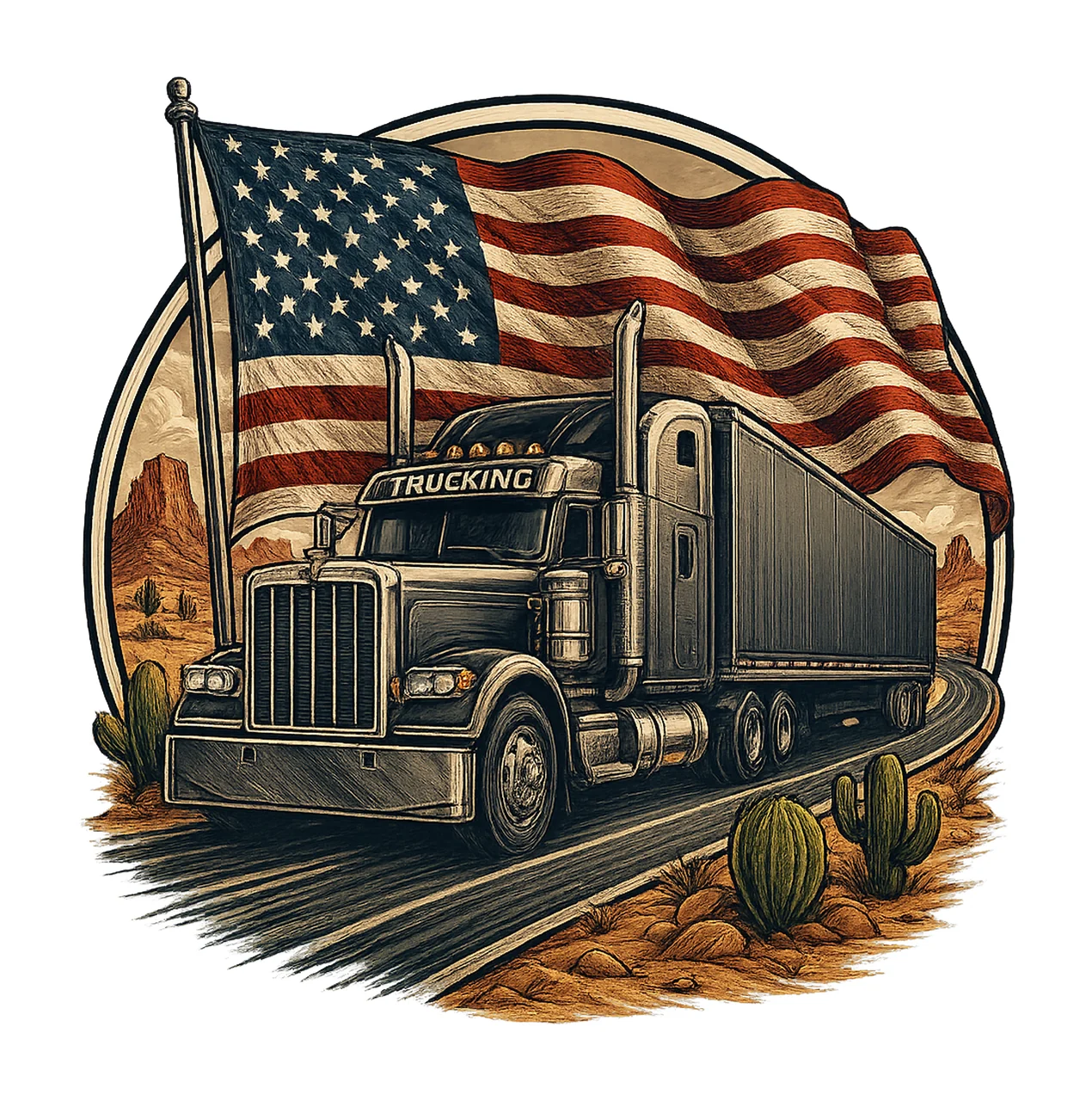 Semi Truck with US Flag Trucker Sublimation Design USA Big
