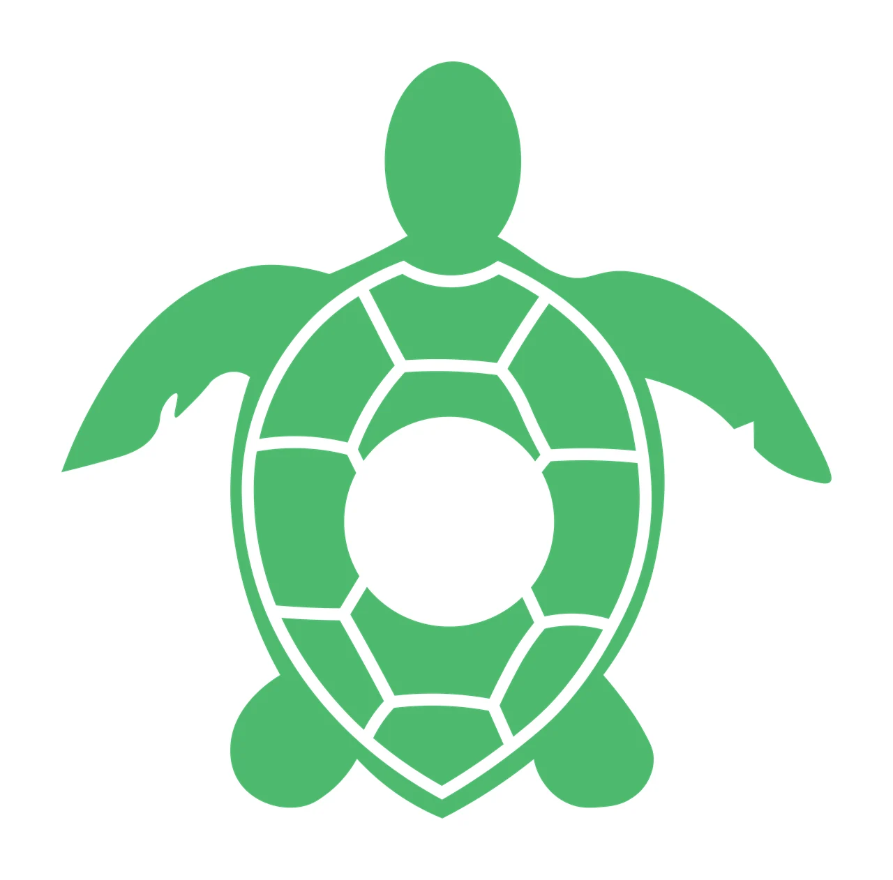 Silhouette Design of sea turtle with white geometric shell pattern, central circle, flippers and head in green