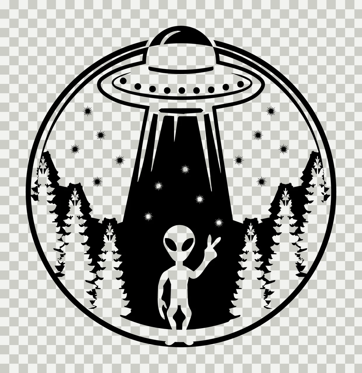 Alien Waving In Front Of Spaceship trees stars black white transparency and detail preview thumbnail