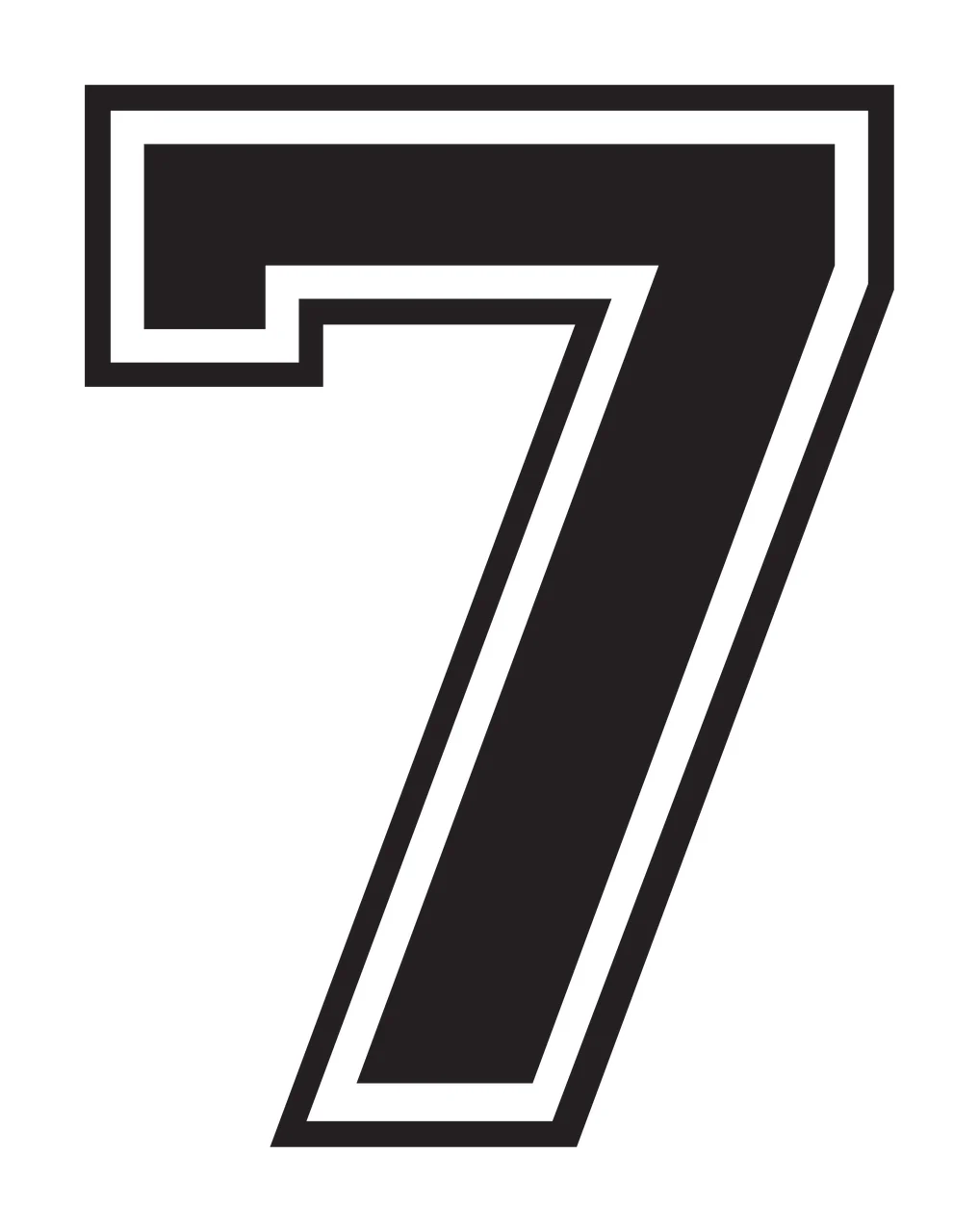 7 Number Design with double outline, block font, varsity and athletic in black and white
