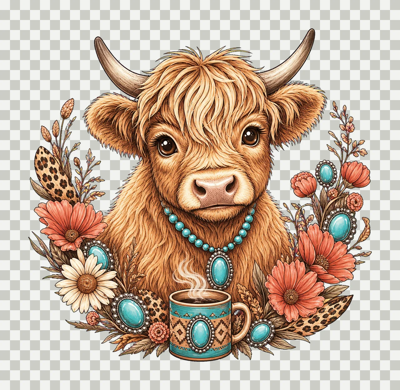 Highland Cow Leopard Bow Coffee sublimation Variation B transparency and detail preview thumbnail
