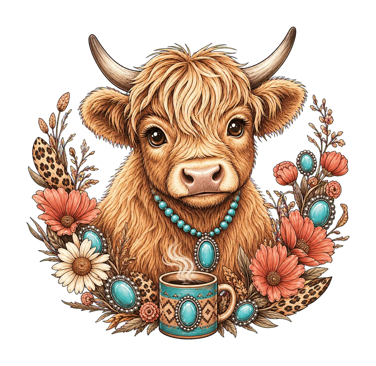 Highland Cow Leopard Bow Coffee sublimation Variation B