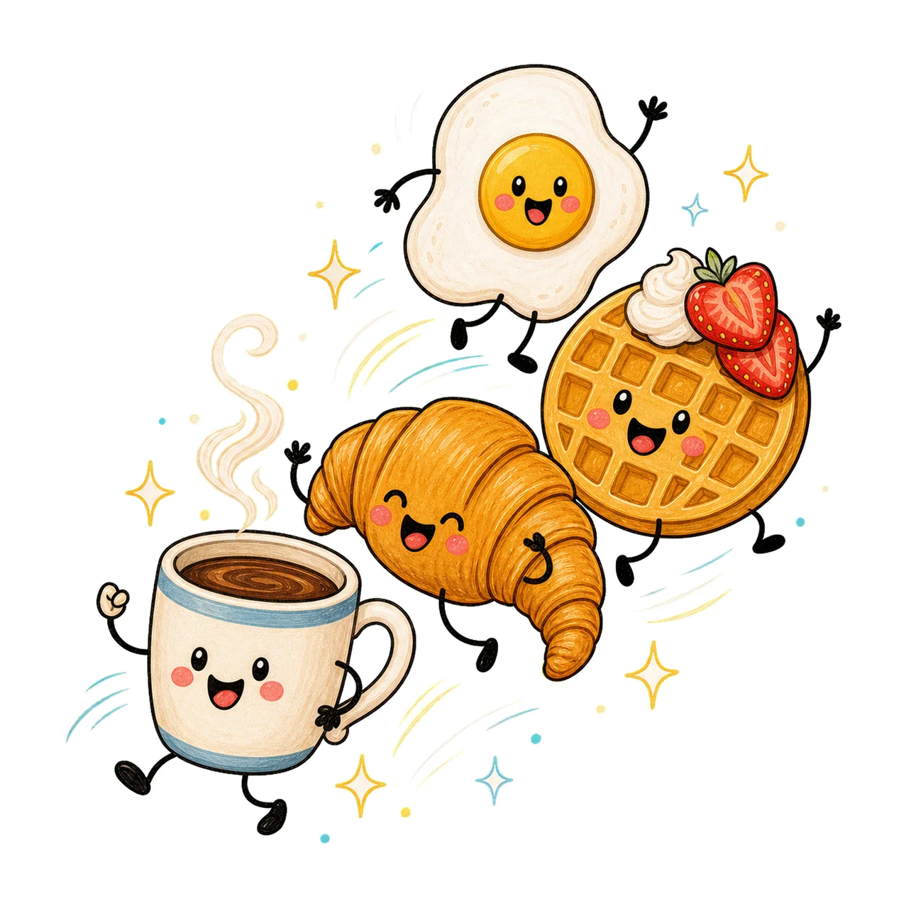 Happy Breakfast Food Doodle Cute Smiling Variation D