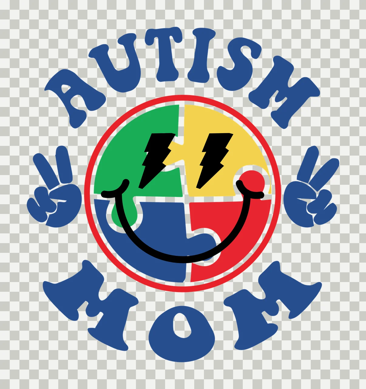 AUTISM MOM autism awareness Design with puzzle piece smiley face, lightning bolt eyes, peace sign hands and curved typography in blue, red and green transparency and detail preview thumbnail