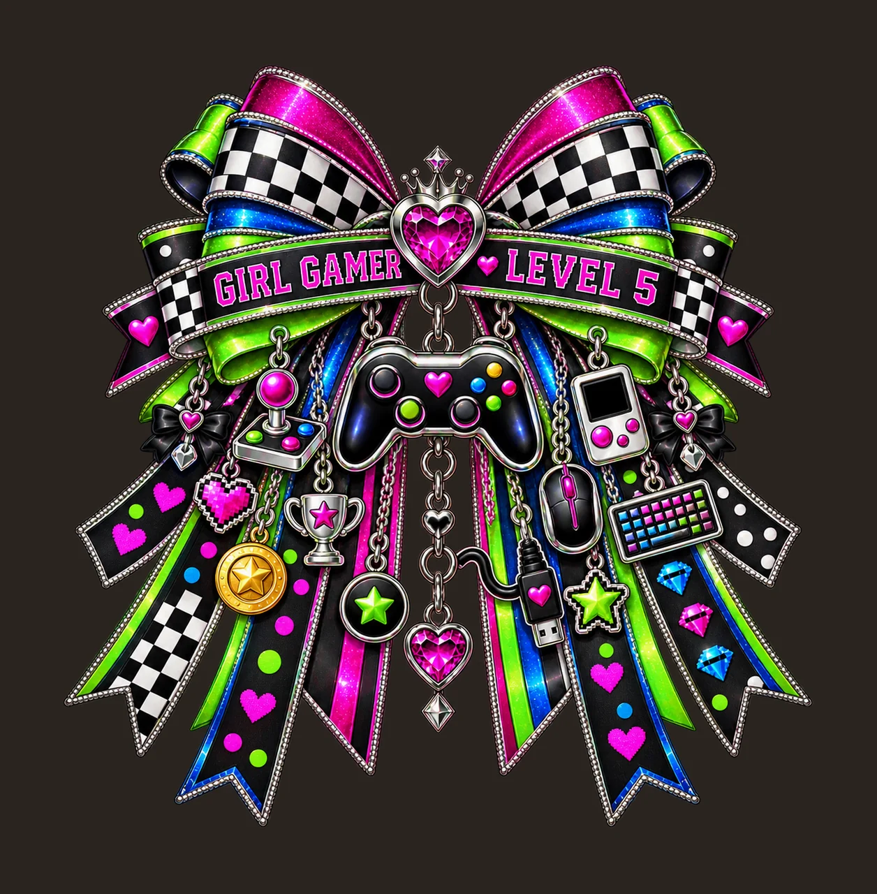Girl Gamer Level 5 Bow Charm PNG, Patterned Coquette Bow Clipart, Transparent Sublimation Digital Download contrast preview thumbnail