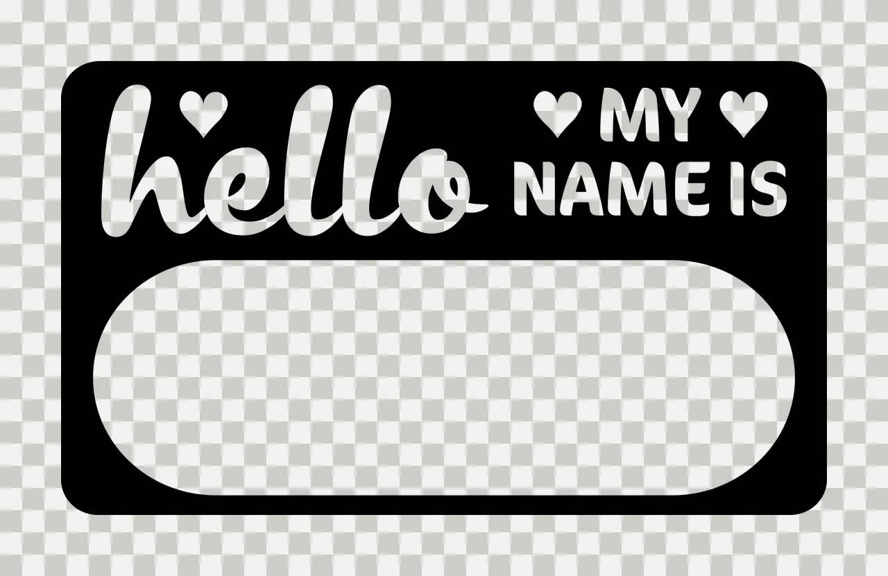 Hello MY NAME IS Name tag sticker Design with rounded rectangle, script text, sans-serif text and heart icons in black and white transparency and detail preview thumbnail