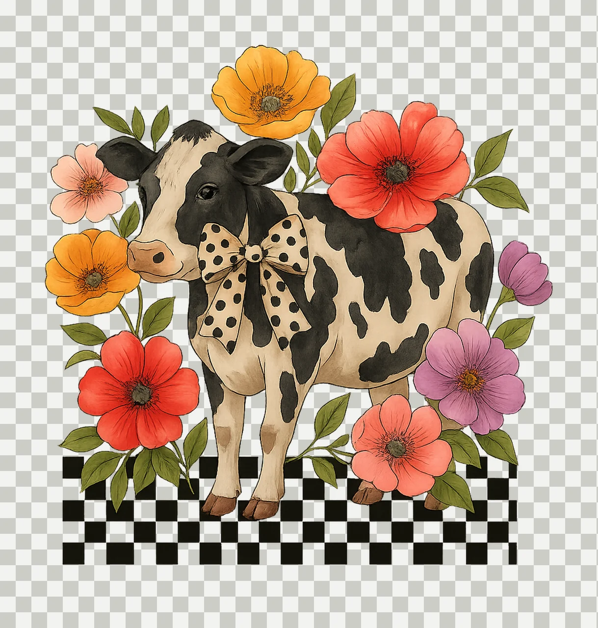 Checkered Cow With Polka Dot Bow And Flowers pattern spotted transparency and detail preview thumbnail