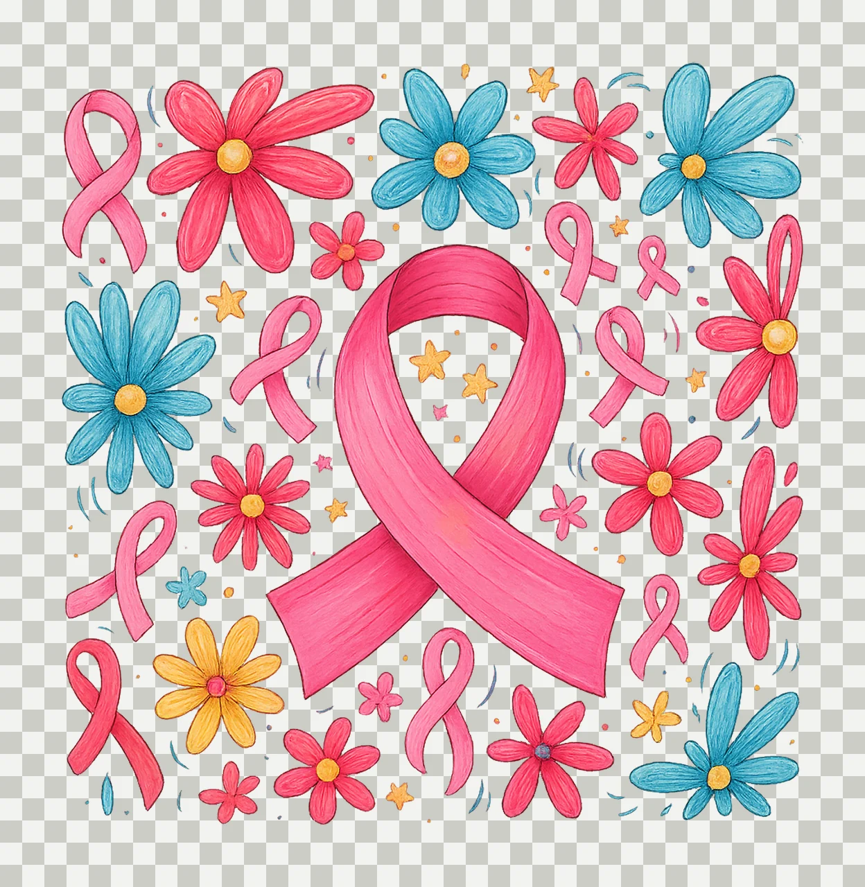 Awareness Pink Ribbon And Flowers stars blue yellow pattern transparency and detail preview thumbnail