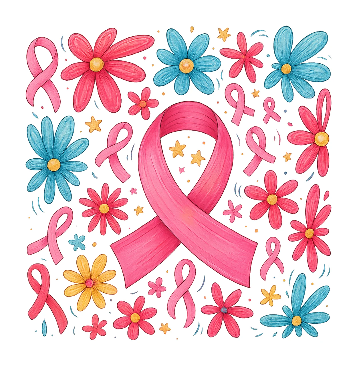 Awareness Pink Ribbon And Flowers stars blue yellow pattern