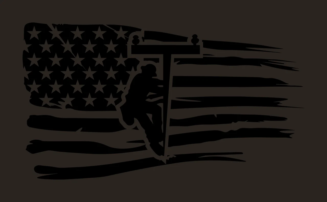 Lineman Utility Worker On Flag Silhouette Design pole climbing contrast preview thumbnail