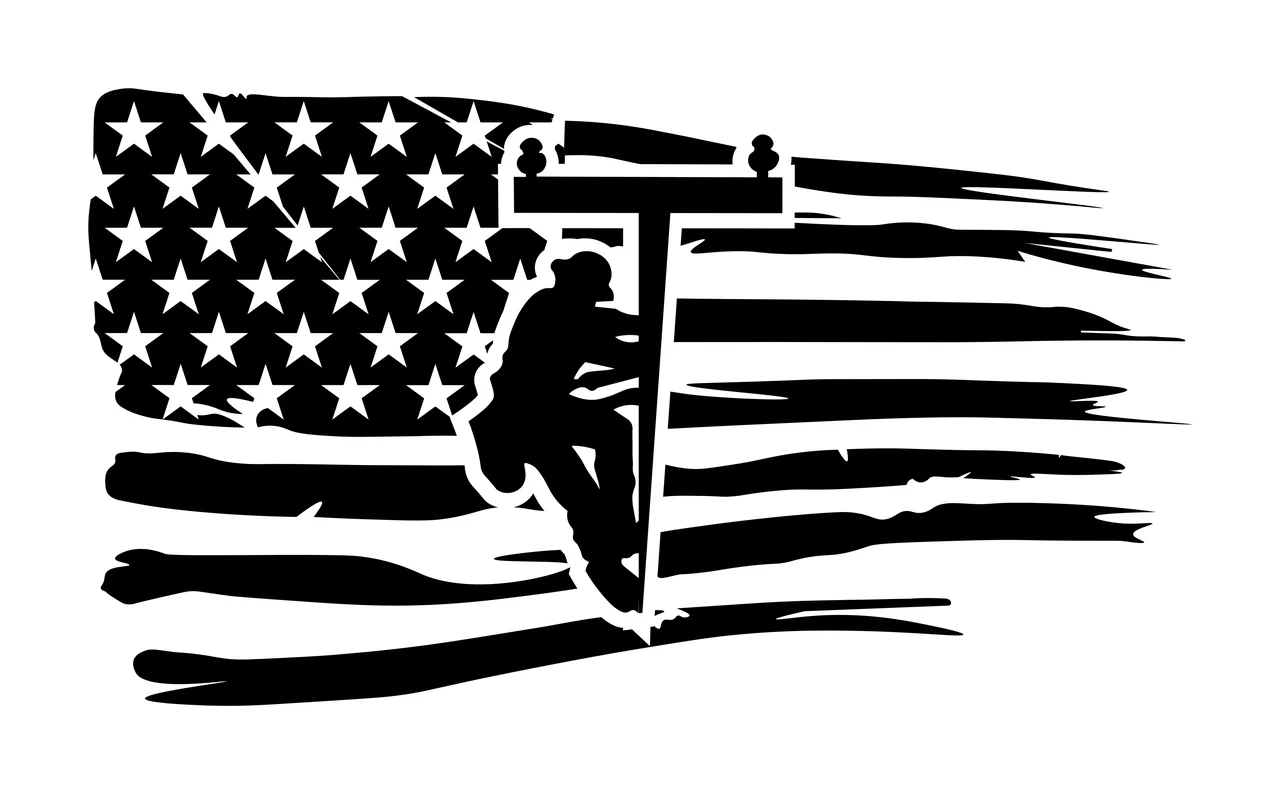 Lineman Utility Worker On Flag Silhouette Design pole climbing