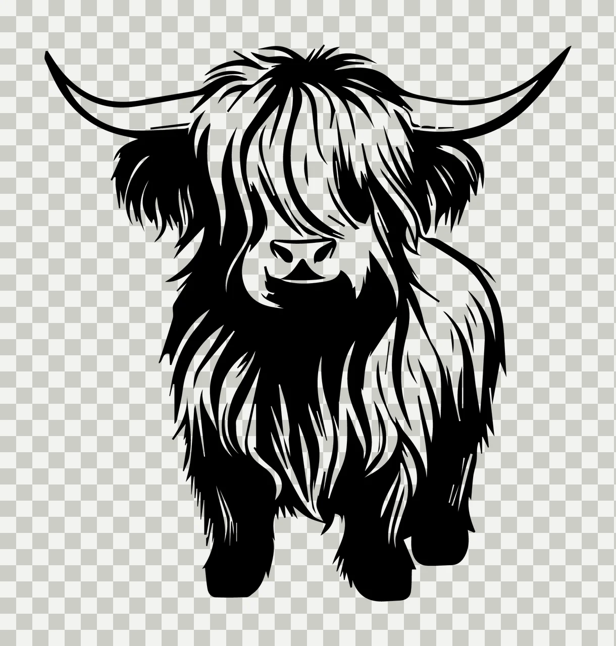 Highland Cow With Shaggy Fur standing horns ink illustration transparency and detail preview thumbnail