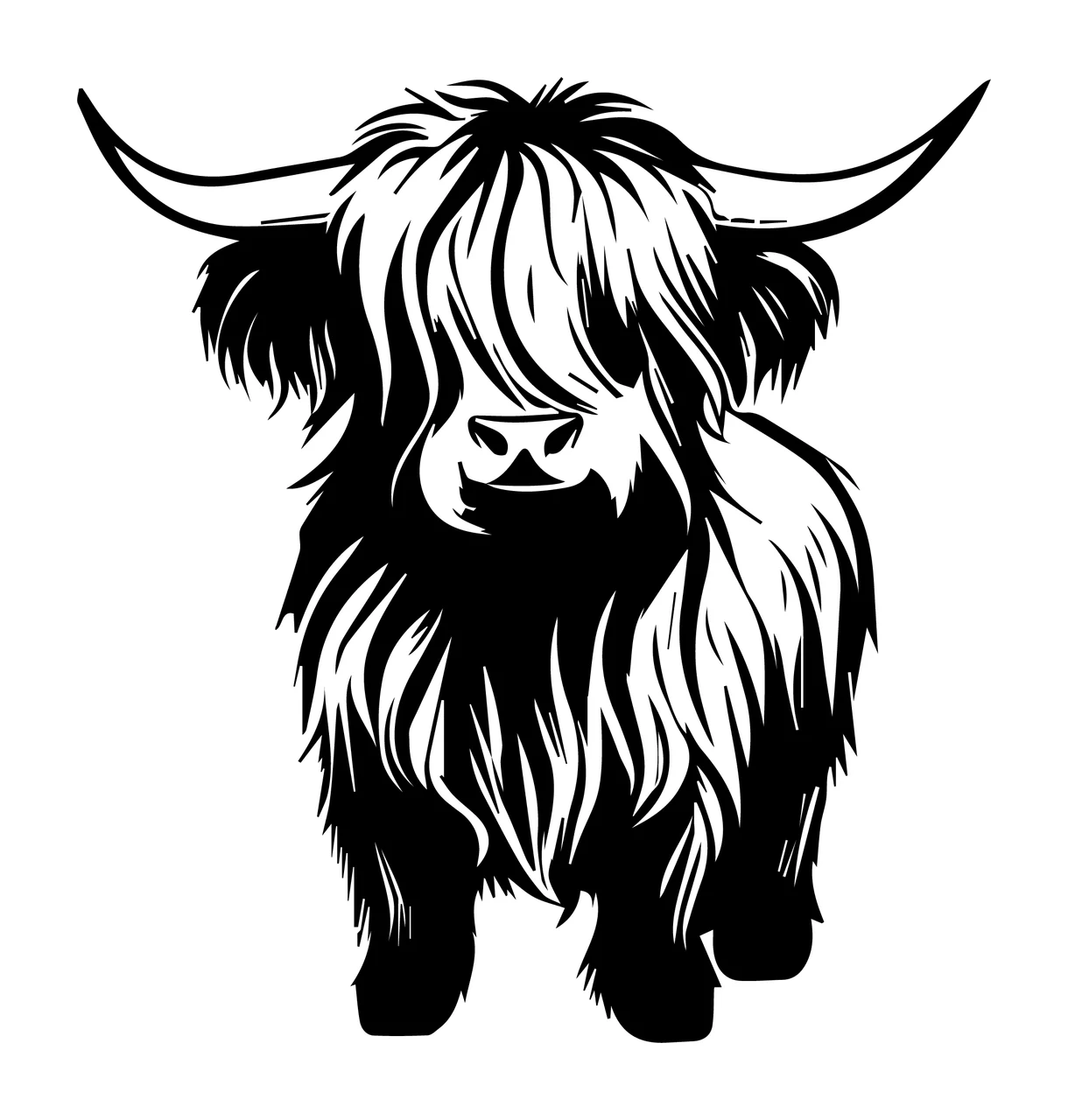 Highland Cow With Shaggy Fur standing horns ink illustration