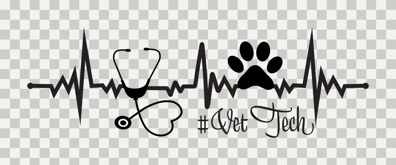 #Vet Tech Black-and-white veterinary tech logo Design with heartbeat line, stethoscope and paw print transparency and detail preview thumbnail