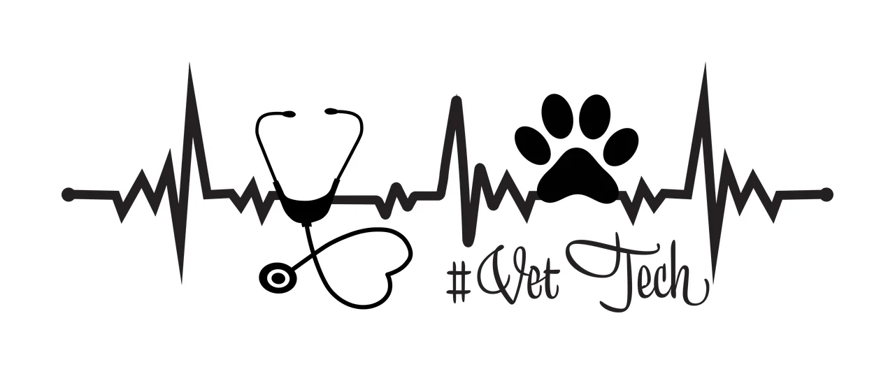 #Vet Tech Black-and-white veterinary tech logo Design with heartbeat line, stethoscope and paw print