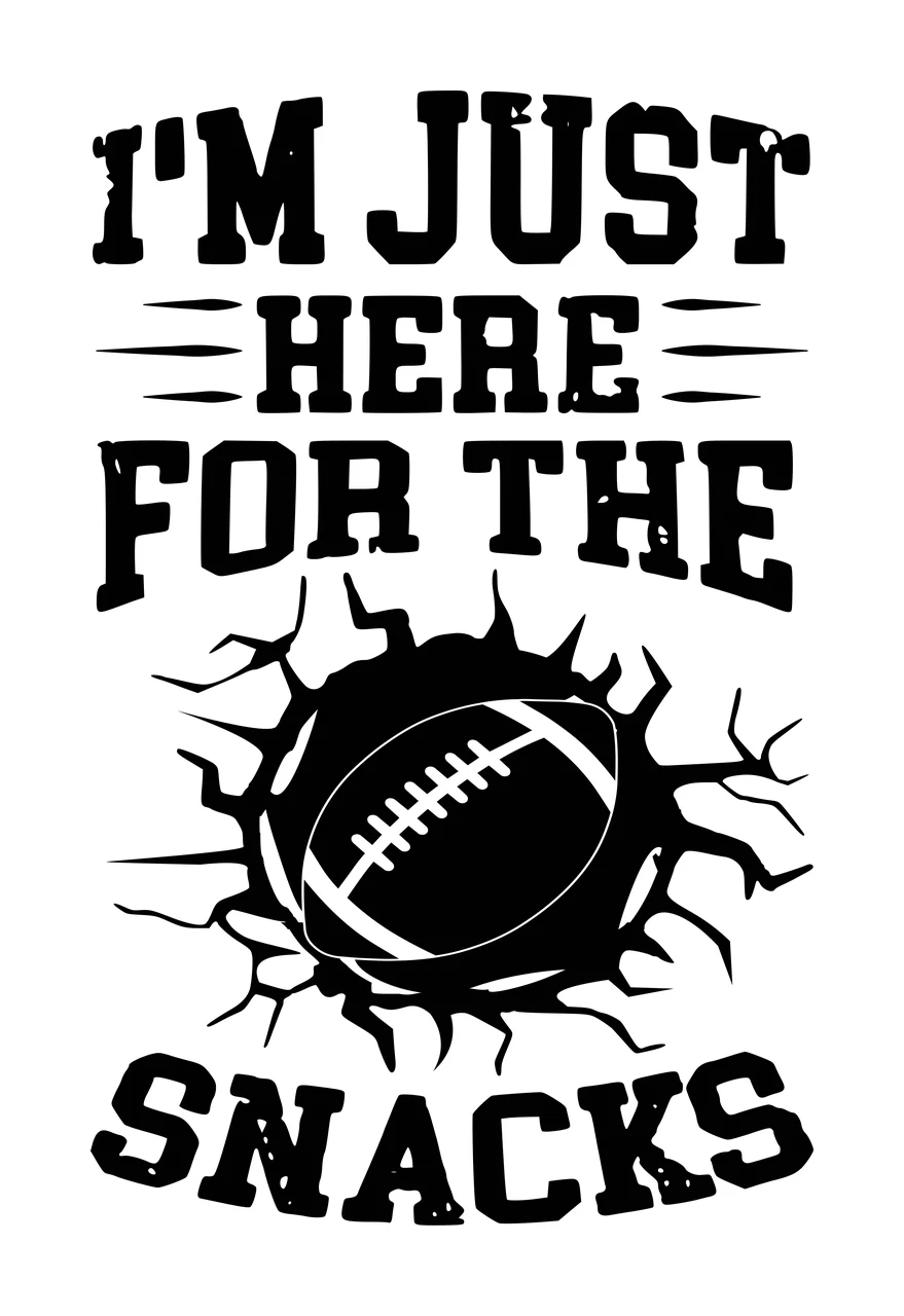 I'M JUST HERE FOR THE SNACKS American football sports humor quote Design with cracked surface, bursting hole, distressed typography and accent lines in black and white