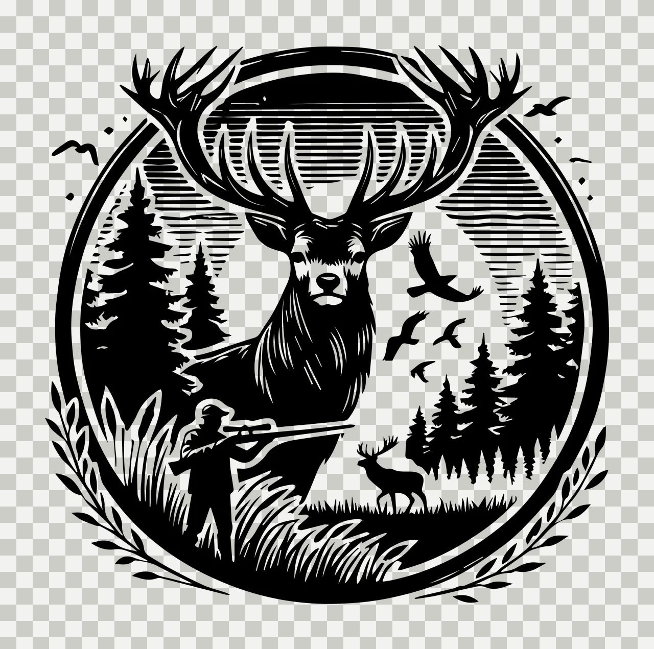 Deer Head Framed By Forest Scene posed trees hunter birds engraving transparency and detail preview thumbnail