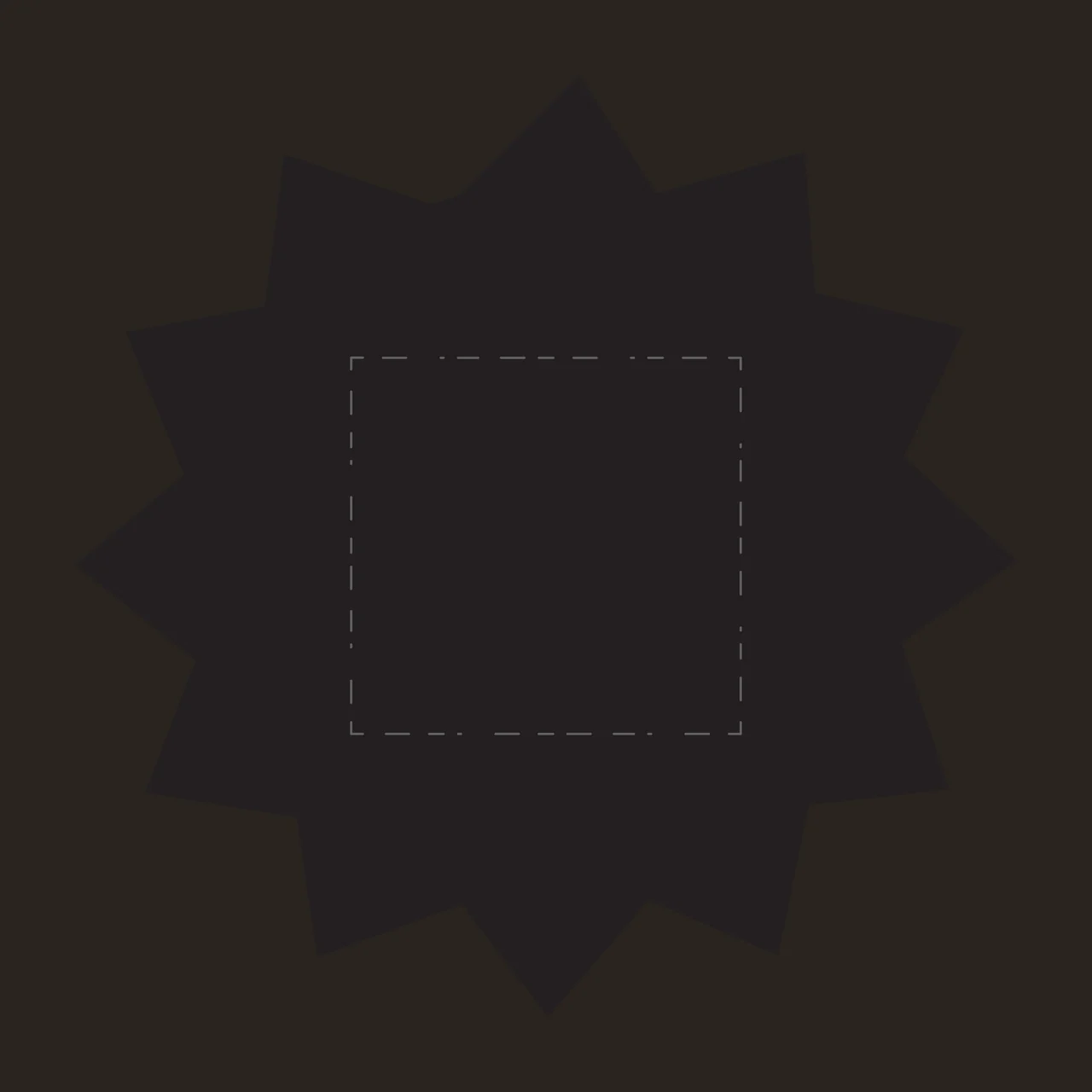 Black starburst-shaped badge with central dashed square Illustration with black starburst shape and dashed square outline in gray contrast preview thumbnail