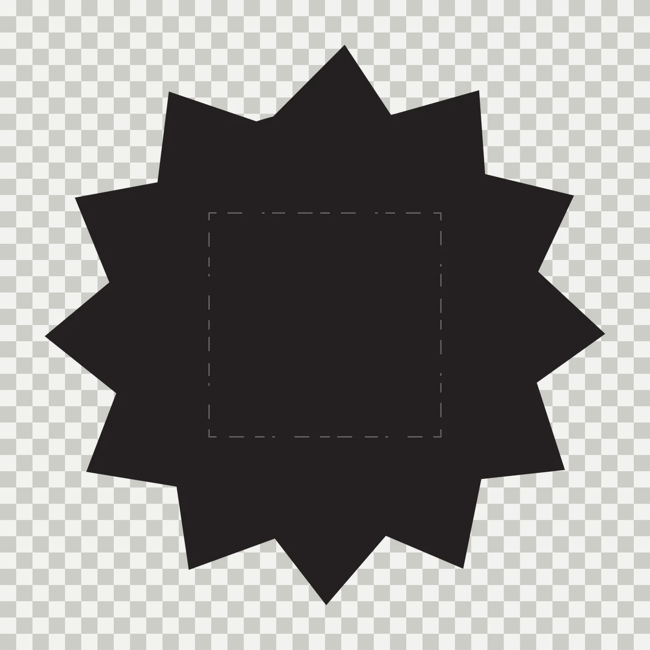 Black starburst-shaped badge with central dashed square Illustration with black starburst shape and dashed square outline in gray transparency and detail preview thumbnail