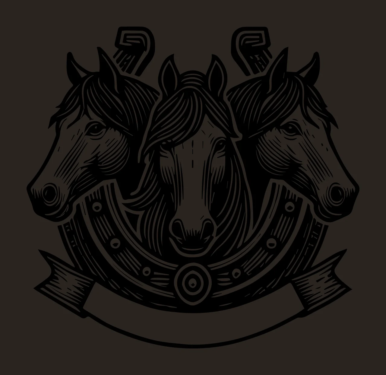 Horse Three Heads With Horseshoe Banner posing engraving black contrast preview thumbnail
