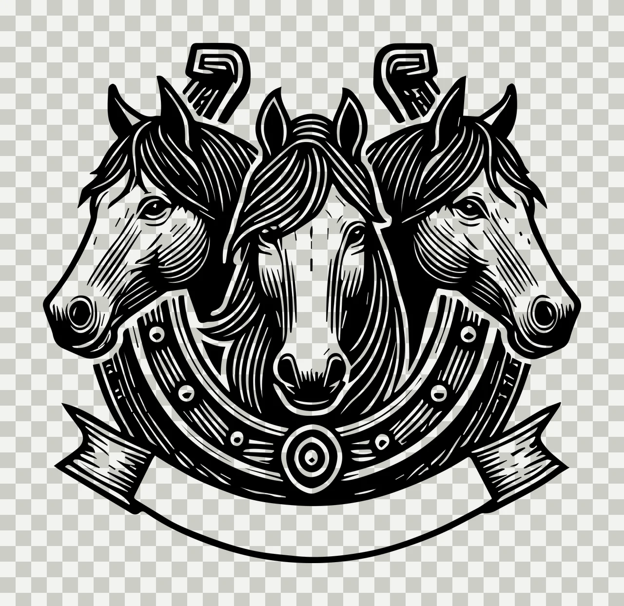 Horse Three Heads With Horseshoe Banner posing engraving black transparency and detail preview thumbnail