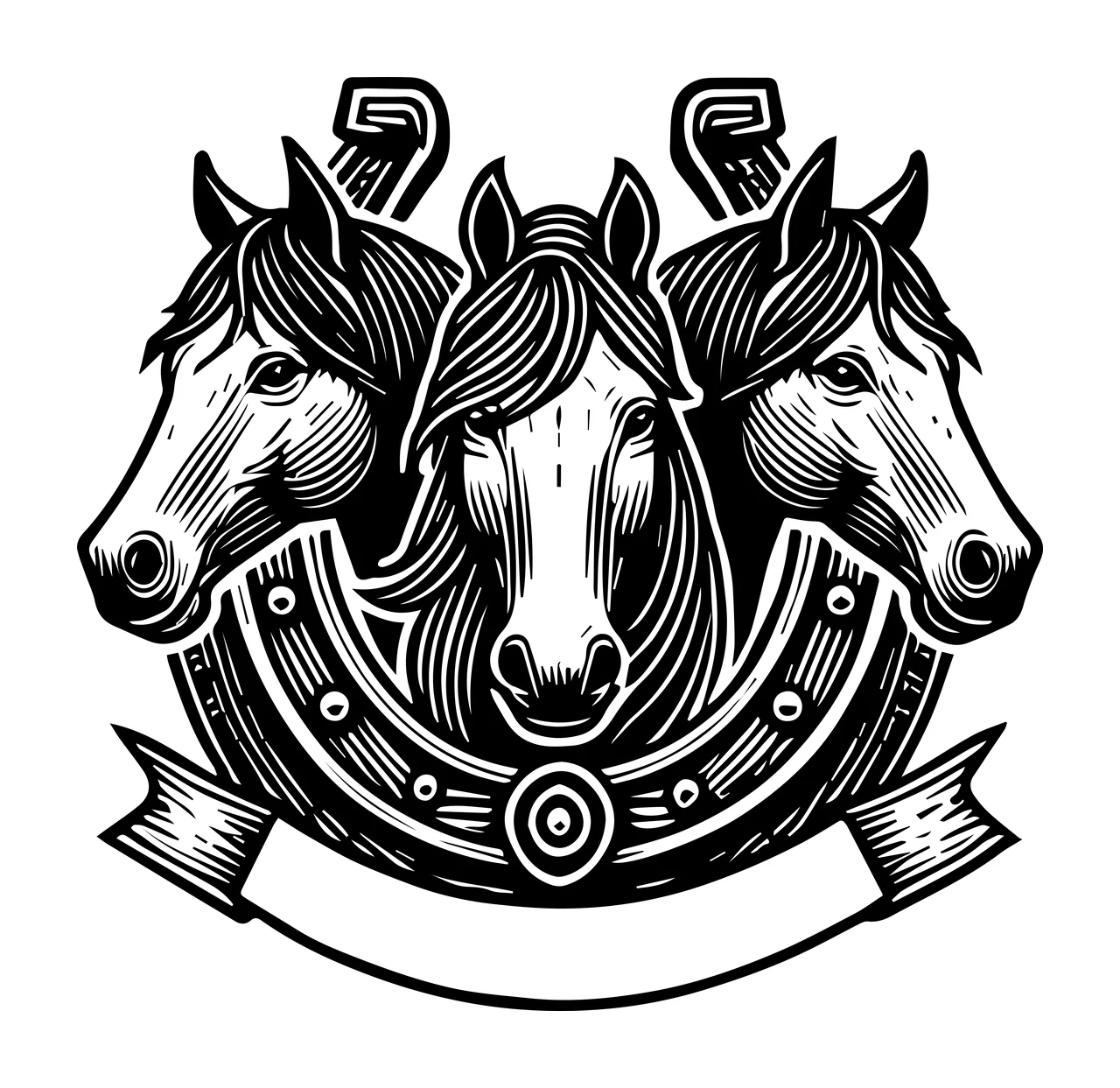 Horse Three Heads With Horseshoe Banner posing engraving black
