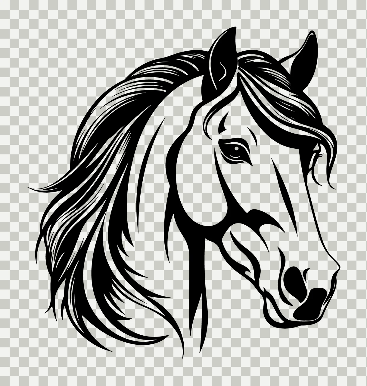 Horse Head Side Profile Illustration mane black white animal transparency and detail preview thumbnail