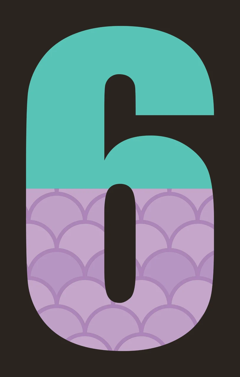 6 Number Design with numeral six, scale pattern and split color design in teal, turquoise and purple contrast preview thumbnail