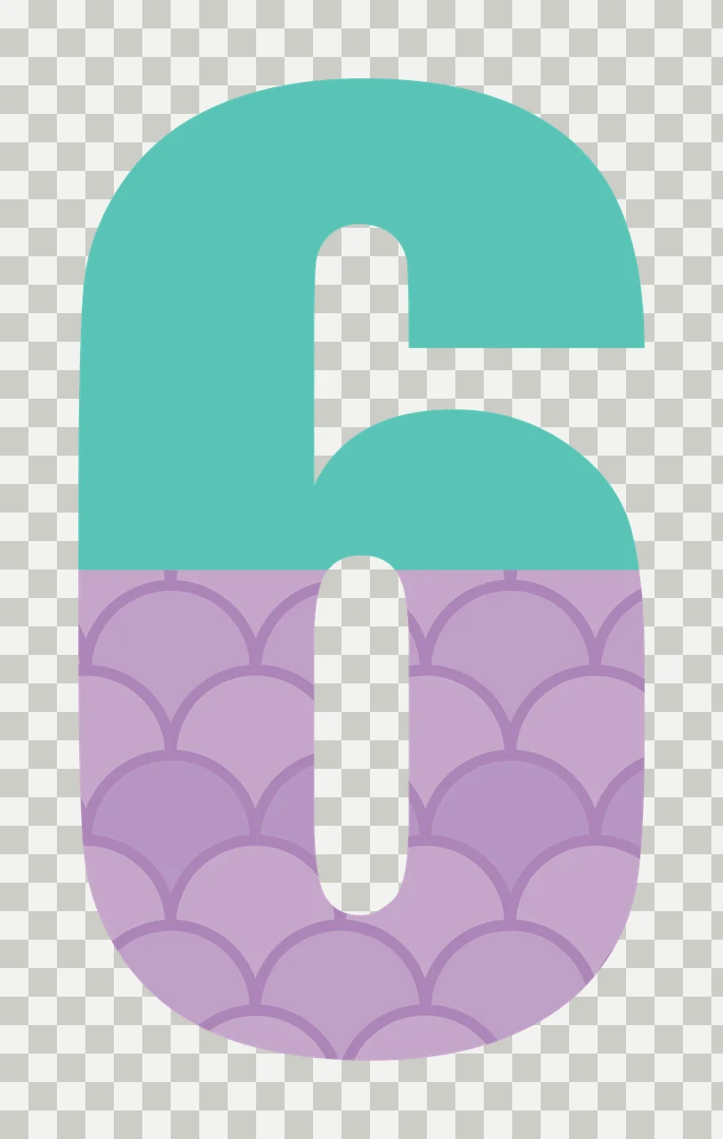 6 Number Design with numeral six, scale pattern and split color design in teal, turquoise and purple transparency and detail preview thumbnail