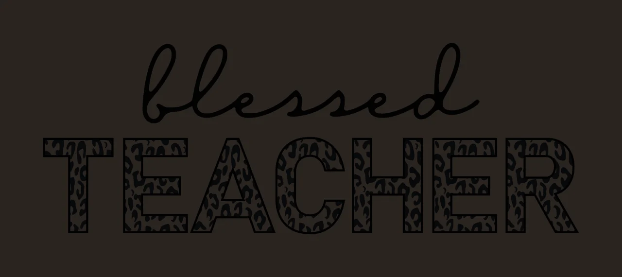 Blessed TEACHER Typography Design with black cursive word 'blessed', bold uppercase word 'TEACHER' and leopard print pattern inside letters in white contrast preview thumbnail