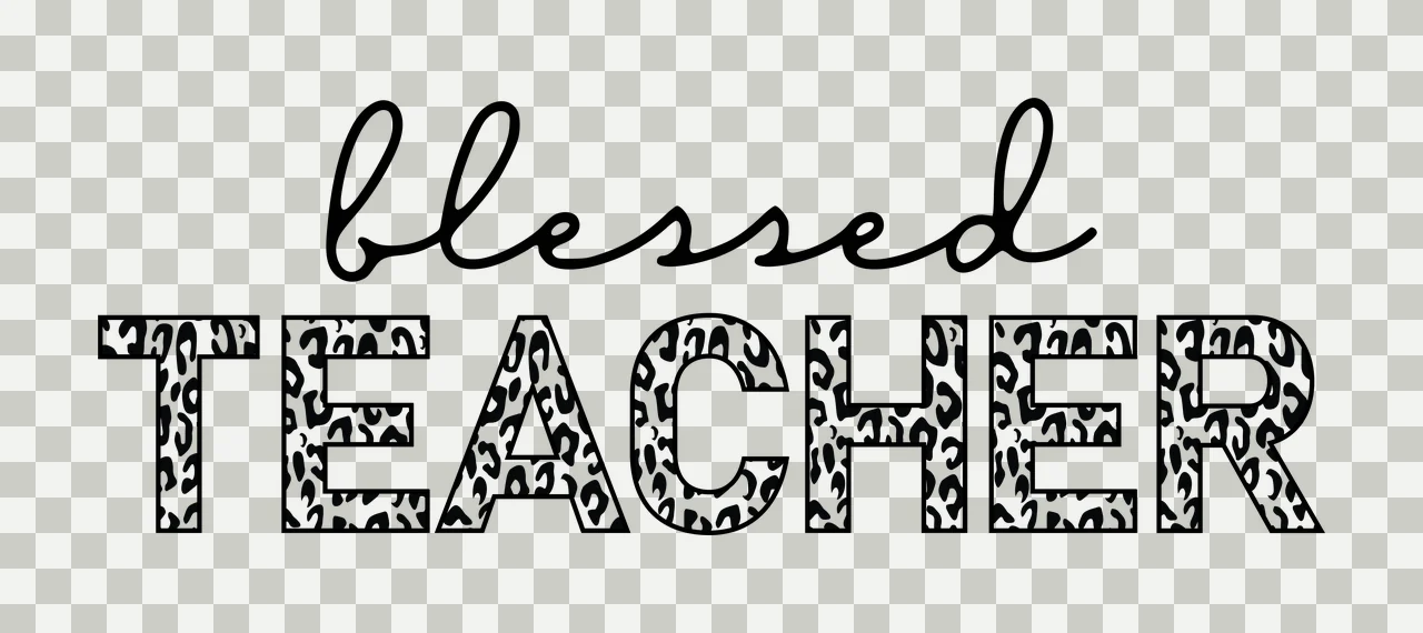 Blessed TEACHER Typography Design with black cursive word 'blessed', bold uppercase word 'TEACHER' and leopard print pattern inside letters in white transparency and detail preview thumbnail