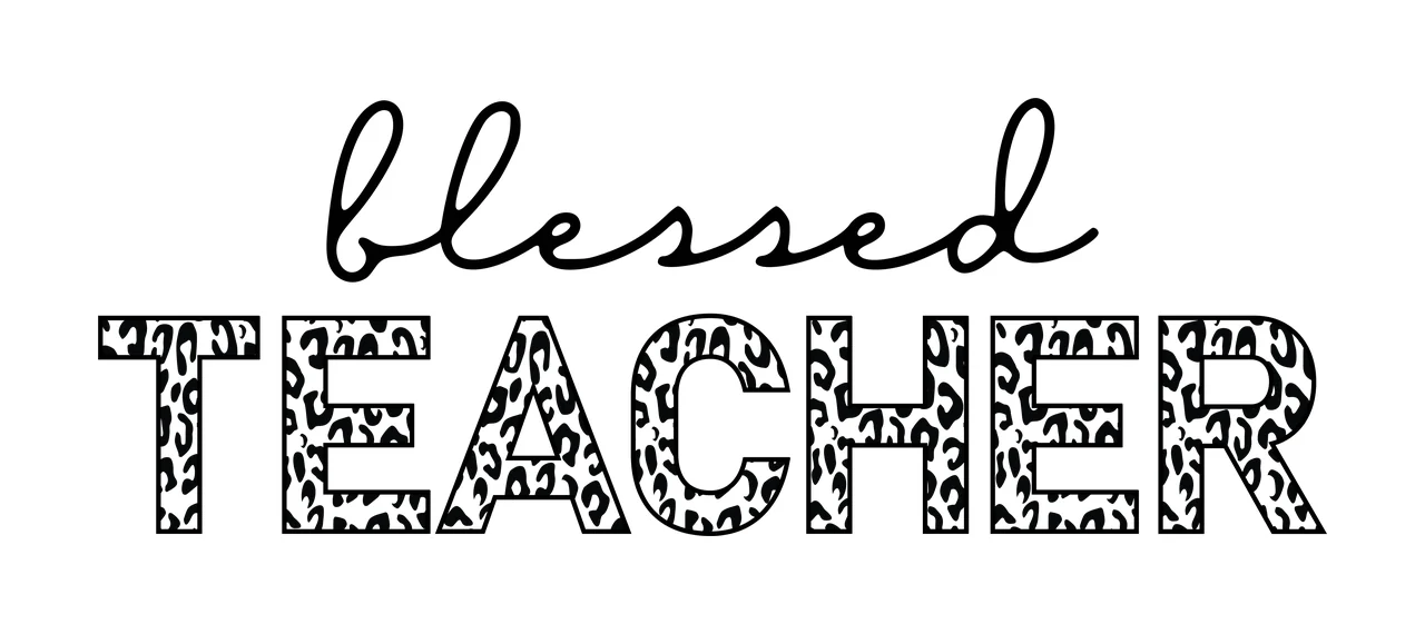 Blessed TEACHER Typography Design with black cursive word 'blessed', bold uppercase word 'TEACHER' and leopard print pattern inside letters in white